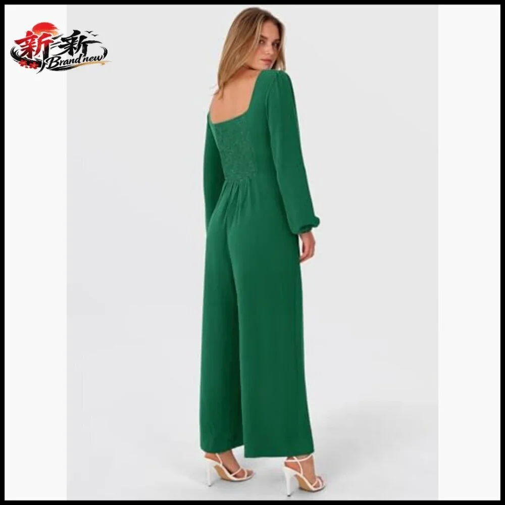 Long Sleeve V Neck Wide Leg Jumpsuit Formal Polyester